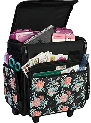 Everything Mary Wheeled Scrapbook Tote for Scrapbooking & Art - Travel Organizer Storage Bin for Paper, Glue, Tape Black Flowers