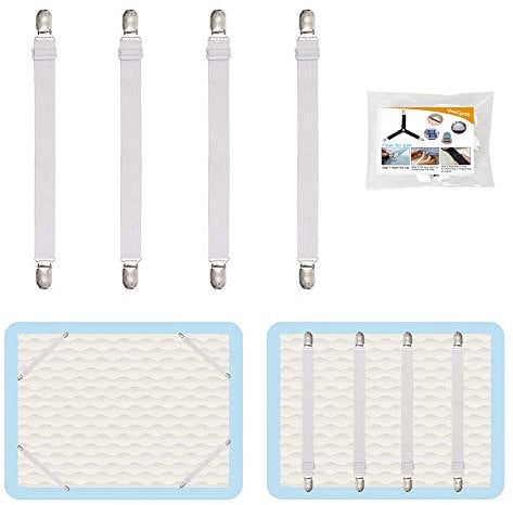 QoeCycth 4 verstellbare Bettlaken-Klammern, elastische Matratzenlakenhalterungen und Hosenträger, Greifer zum Halten von Laken, Matratze, Sofa, Couch, Tischdecke, Bügelbrettbezug und mehr
