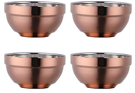 Cereal Bowl Stainless Steel 340 ml Rose Gold Soup Bowls Set of 4 Rice Bowl Large Pasta Bowl Dessert Bowls Wide 11.4 cm (4.5 inches) Metal Ramen Bowls Double Layer Anti-Hot