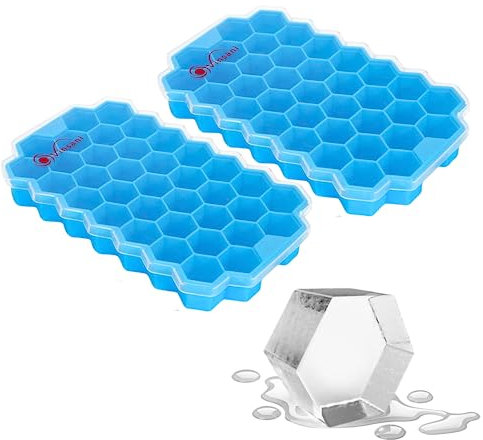 Vinsani 2 Pack Ice Cube Hexagon Tray with Clear Removable Lid Easy-Release Silicone Flexible Ice Cube Moulds LFGB Certified and BPA Free Stackable Durable – Blue