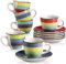 Tafelservice Steingut, vancasso ARCO 12 teiliges Espressotassen Set Kaffeeservice für 6 Personen, beinhaltet Tassen, Untertassen, Regenbogen Stil