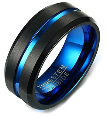 Ayoiow Ring Herren, Wolfram Ring Tungsten 8mm Gerillt Ring Verlobung Schwarz Blau Ring Größe 62 (19.7)