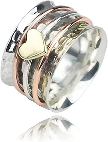 Audinpu Selbstliebe-Spinner-Herz-Ring, einfache gehämmerte Spinner-Band-Ringe, Liebesring, 925er Sterlingsilber, Fidget-Angst-Relief-Breitbandring für Frauen (11)