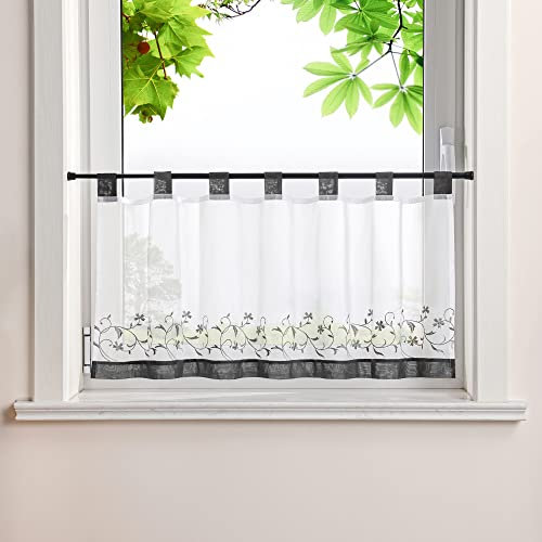 HeichkelL Voile Scheibengardine Ranken Stickerei Kurzstores mit farblichen Schlaufen Küchengardine Fenstervorhang Bestickt Grau HöhexBreite 45x120 cm