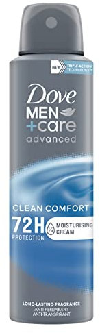 Dove Men+Care Advanced Clean Comfort Men's Antiperspirant Deodorant Body Spray with ¼ moisturising cream & Anti-Odour technology for 72 hour protection against sweat and odour 150 ml, Pack of 6