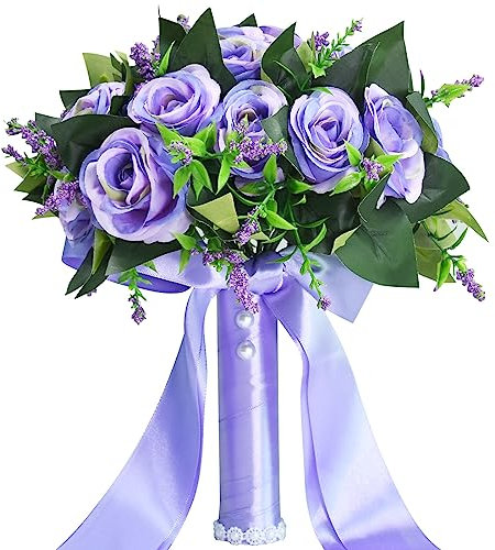 Febou Hochzeitsstrauß für Braut, Brautjungfer, 22,9 cm, Brautstrauß, künstliche Rosensträuße für Hochzeitszeremonie, Party, Kirche (lila)