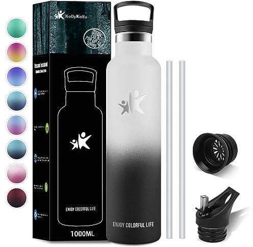 KollyKolla Gourde Isotherme 1L, Bouteille Isotherme avec en Paille, Bouteille d'eau sans BPA, Réutilisable, Anti-Fuite, Gourde Acier inoxydable pour Enfant, Adultes, Sport, Gym, Voyage - 2 Couvercles