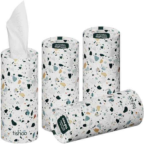 tishoo Hyaluronic Acid-Infused Luxury 4-Ply Tissues | 4 Tubes, Terrazzo | Indulgent ultra soft tissues for car cup holders, home & travel. Gentle on skin, gorgeous & giftable | 40 sheets each