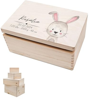wunderwunsch® - Personalisierte Erinnerungsbox Baby mit Spezial-Druck - Baby Erinnerungsbox - Erinnerungskiste aus Holz - Geschenk zur Geburt (Hase, M-Klappdeckel)