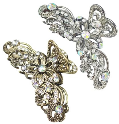 2 fermagli per capelli vintage con strass lucidi, da donna, stile retrò, antiscivolo, accessori alla moda, per ragazze e donne (oro, argento)