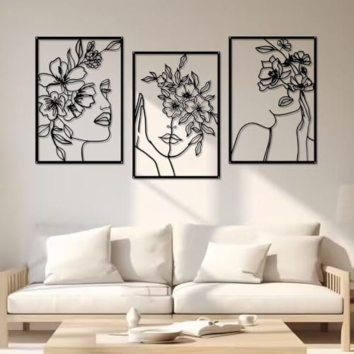 DETENE 3 Stück Wanddeko Metall Schwar Minimalistische Metall Wandkunst Wanddeko Wohnzimmer Metall Minimalistische Frau Wand Hängen für Zuhause Wohnzimmer Schlafzimmer