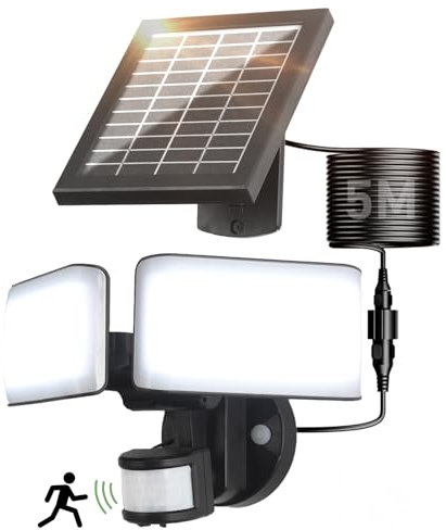 wisdom line Lampione Solare LED Esterno 2400mAh Faretti Solari 100 LED 1000LM Faro Led Esterno con Pannello Solare e Sensore di Movimento 6500K Luci Lampione Lampada Garage Giardino - 1 Pezzi