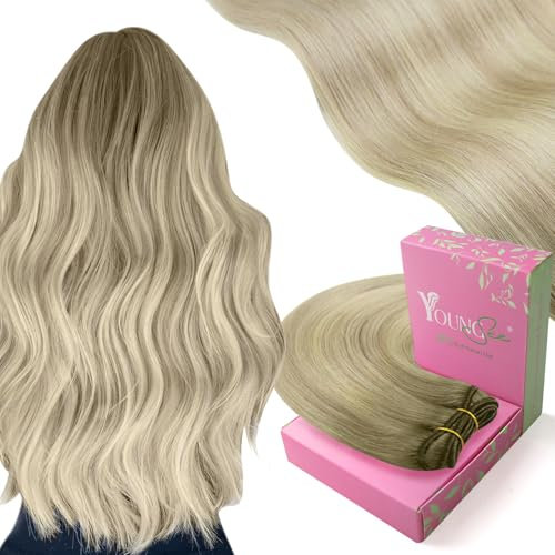 YoungSee Echthaar Tressen zum Einnahen Blond 35cm Tressen Echthaar Aschblond Ombre Blond Haartressen Echthaare Weft Extensions Doppelt-Tressen Weave Extension fur Damen 70g #SUN