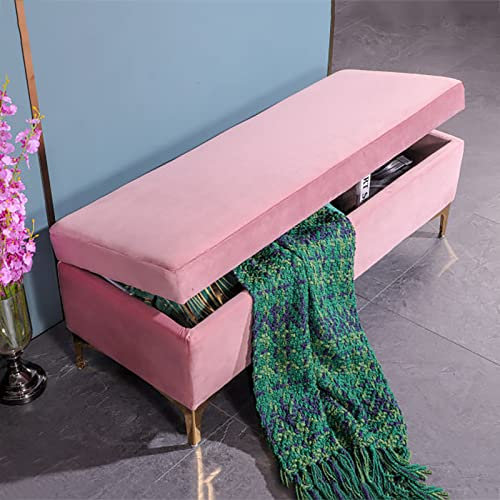 Living Room Tufted Footrest Stool Storage Chest Entryway Furniture,Modern End of Bed Bench with Metal Legs,Upholstered Velvet Storage Ottoman Bench-Pink 90x45x46cm(35x18x18inch)