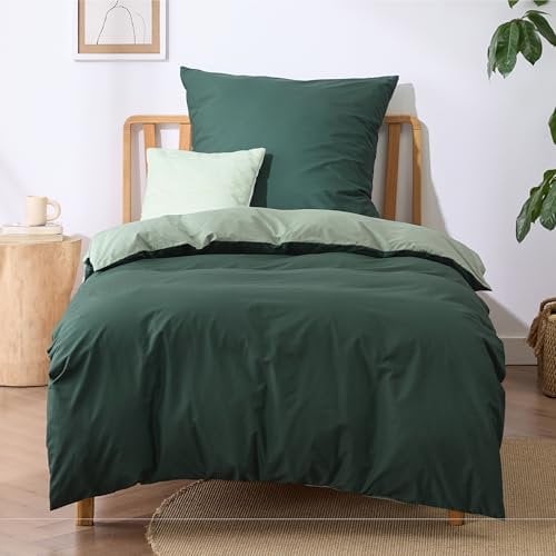 BEDSURE Bettwäsche 135x200 Salbeigrün Dunkelgrün - Baumwolle Bettwäsche-Sets 135 x 200 cm Wendebettwäsche 2teilig mit Kissenbezug 80x80 cm, Oeko-TEX Zweifarbiger Bettbezug mit Reißverschluss