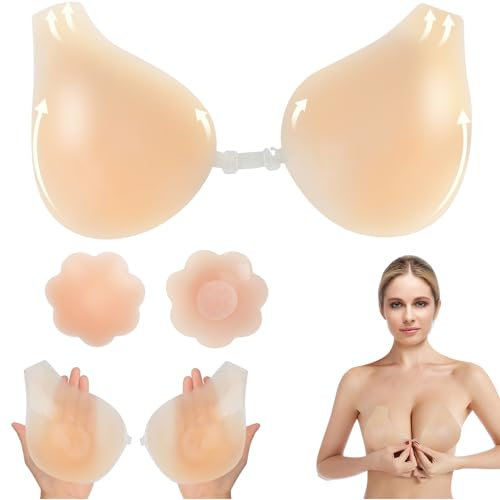 Klebe BH Push Up, Trägerloser BH Rückenfrei, Strapless Bra Invisible Bra Mit 2Pcs Nippelpads Sticky Bra for Brüste Abendkleid, Brautkleid BH Ohne Träger