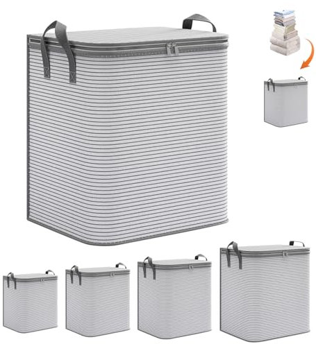 Extra Große Aufbewahrungstaschen, Aufbewahrungsbox mit Deckel, Faltbare Aufbewahrung Boxen mit verstärkten Griffen und Doppelreißverschluss, Aufbewahrung Boxen für Kleidung Decke (grau, 60x60x45cm)