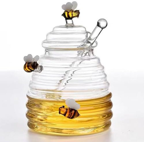 TAMUME 450ml Glass Honey Jar with Artistic Bee Adornments and Glass Dipper