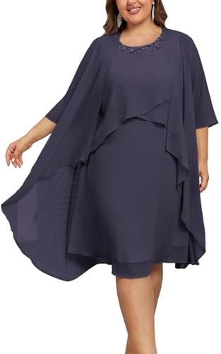 Hanna Nikole Women's Chiffon Round Neck Sequin Evening Dress - Midi Cocktail Dress for Wedding - Knee Length Charcoal Grey 24