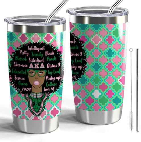 CWEGSJ Paraphernalia Sorority Gifts Sisterhood Edelstahlbecher mit Deckel und Strohhalm, doppelwandig, vakuumisoliert, 590 ml, Rosa und Grün, doppelwandig, vakuumisoliert, 590 ml (Gläser Ak-a Girl)
