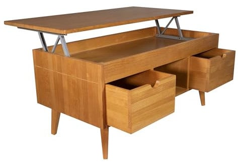 LoMasCasa - Mesa de Centro Elevable Modelo Karla 32 con 2 Cajones Deslizantes, Hueco Central, Madera Maciza de Pino Natural en Color Cerezo. Patas Cónicas. Medidas 100 x 50 x 47 cm