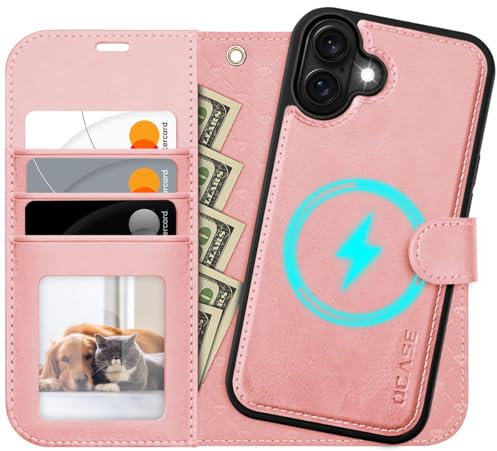 OCASE iPhone 16 Hülle(2in1) Leder Stoßfestes Case, Abnehmbare magnetische Hülle, MitHandschlaufe, Kabelloses Laden, Kartenfach, Standfunktion, Handyhülle RFID Schutzhülle Klapphülle Pink