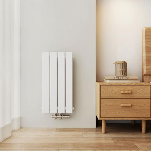 EMKE Radiatore Compatto, 600x300 mm, Verticale, Stretto e Alto per il Bagno, Radiatore a Parete con Pannello Piatto, Collegamento Centrale, Design Elegante, 233 Watt, Bianco