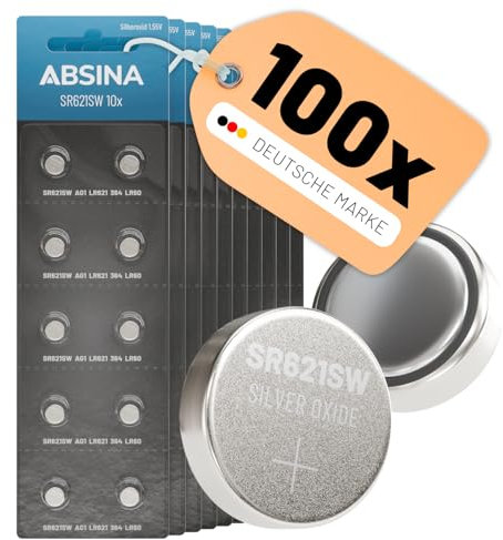 ABSINA SR621SW Uhrenbatterie 1,55V Silberoxid 10x 10er Pack - Knopfzelle SR621SW auslaufsicher & Lange Haltbarkeit - Batterie SR621SW / LR621 / SR621 / 364 / V364 / AG1 - SR 621 SW Uhren Knopfzelle