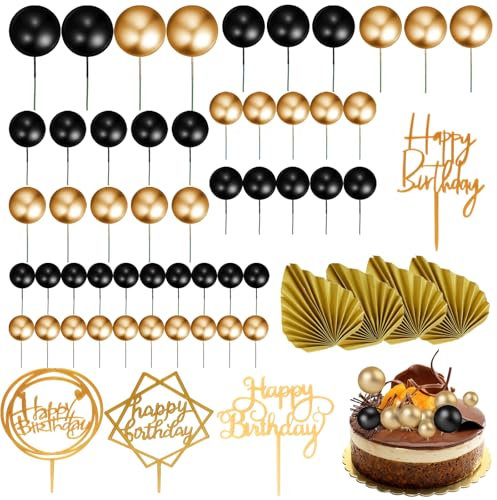 58PCS Black & Gold Cake Decorations - Spherical Cake Balls, Palm Leaf, Perfect for Birthday & Wedding Parties