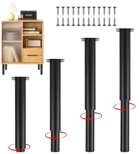 DAJAVE Lot de 6 pieds de meubles réglables en hauteur - En métal noir - 25 à 42 cm - Pour armoire, meuble TV, lit, canapé, table de chevet, chaise d'apprentissage