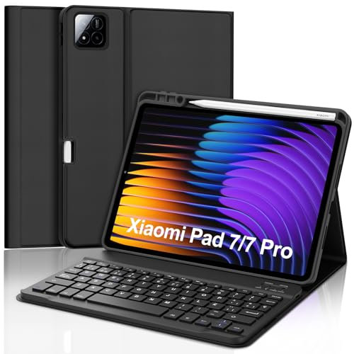 JADEMALL Funda con Teclado para Xiaomi Pad 7/7 Pro 11.2, Teclado Bluetooth Inalámbrico Desmontable Magnético con Funda Protectora Delgada para Tablet Xiaomi Pad 7/7 Pro 2025 11.2 Pulgadas, Negro