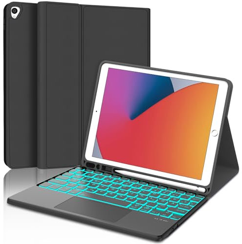 Occtingkind für iPad 9 Generation Hülle mit Tastatur + Trackpad & 7-Farben Beleuchtung für 10,2 Zoll (7./8./9. Gen 2019/2020/2021), Abnehmbare Bluetooth Schutzhülle, Deutsches QWERTZ, USB-C, Schwarz