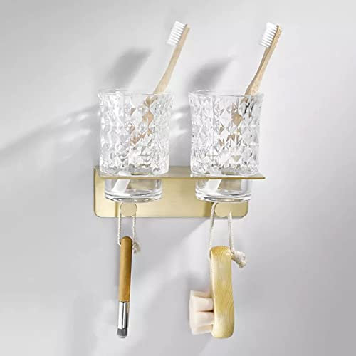 Étagère murale de salle de bain dorée avec porte-gobelet en verre et crochet