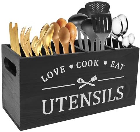 Grand porte-ustensiles de cuisine rustique en bois avec 4 compartiments et fond de drainage - Organiseur de couverts de ferme - Noir