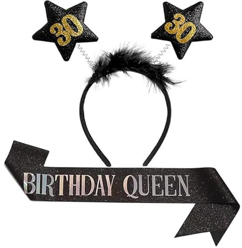 2er Set 30. Geburtstag Haarreif und Birthday Queen Schärpe Schwarz Geburtstag Schärpe Geburtstag Stirnband mit Sternen 30 Geburtstagshaarreif Schärpe für Frauen, 30. Geburtstag Geschenke Partyzubehör