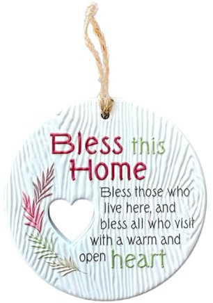 Piece of my Heart Dekoratives Schild A Bless this Home mit englischer Aufschrift, Blumen-Design auf weißem Steingut