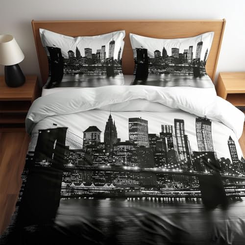 Bettwäsche-Set für Kinder 155 x 220 bettbezug mit Reißverschluss, 2 Kissenbezug 80x80 cm, dekoratives New York City Nachtskyline Muster für Mädchen und Jungen Schlafzimmer, weich und bügelfrei