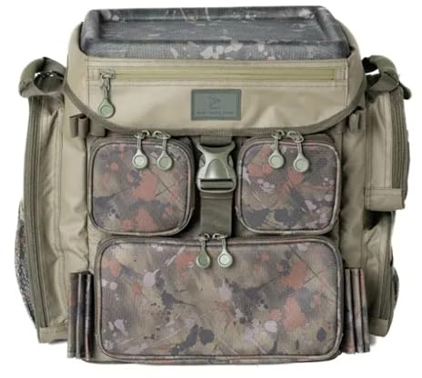 One More Cast OMC Heist Compact Rucksack 40L - Splash Camo Fishing Bag | Hard Top Lid with Multiple Pockets, Bankstick Slots, Padded Straps and 420D Ripstop