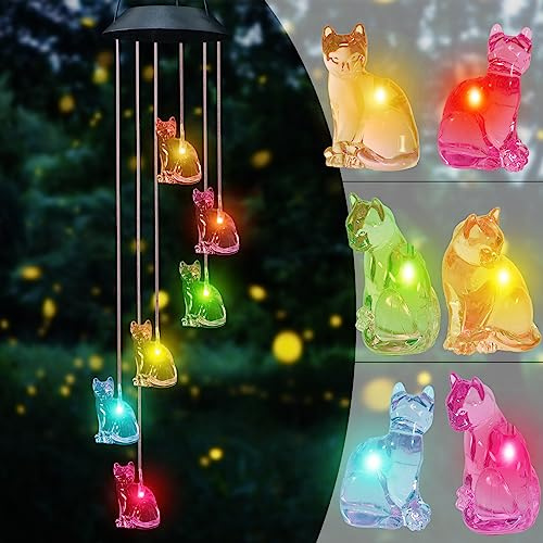 Cat Solar Wind Chimes for Garden Ornaments Outdoor Lights Gifts for Women | Mothers Day Birthday Gifts for Mum Grandma, Color Changing Waterproof Mobile Hanging Wind Chime for Patio Party Garden Decor