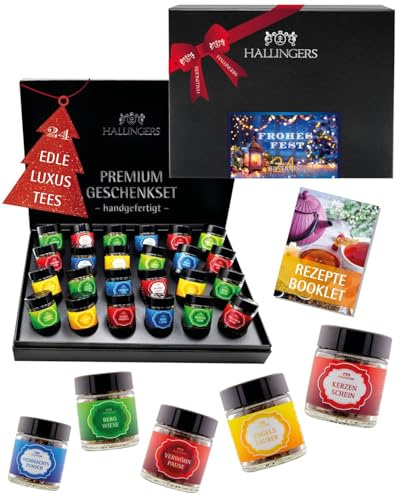 Hallingers Genuss Manufaktur Tee Weihnachts-Geschenk-Set - 24 Sorten premium loser Tee Probierset in edler Geschenkbox mit Rezept-Booklet Frohes Fest, Weihnachten für Frauen Männer