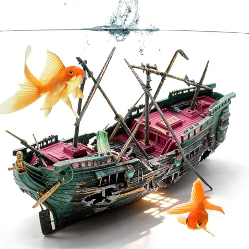 WIYETY Groß Aquarium Deko: Ornamente Harz Schloss Dekorationen, Klassische Burgruinen Zubehör, Aquarium Zubehör Polyresin Landschaft für Fisch, Garnele, Schildkröte (Schiffswrack)