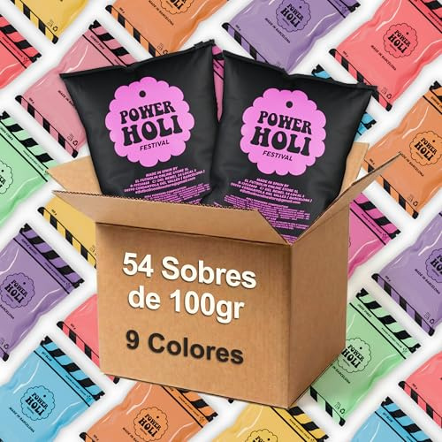 POWER HOLI FESTIVAL | Polvos de Colores Fiesta Holi | 54 Sobres Abrefacil de 100gr | 9 Colores | Especial Fiestas y Festivales | Fotografía | No Tóxicos | Sin Gluten | Made in Barcelona