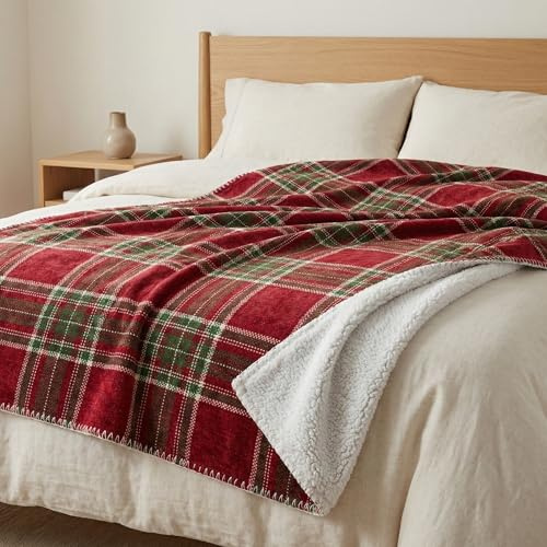 Tex family Plaid Schottische Decke für Doppelbett, 210 x 230 cm, doppelseitig, Sherpa-Lamm – Rot / Grün