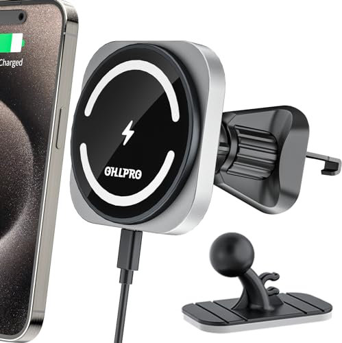 OHLPRO für MagSafe Autohalterung Ladegerät und iPhone 16 15 14 13 12 Pro Max Pro Plus Mini, 15W Schnellladung Auto Handyhalterung Mit Ladefunktion-Super Magnetkraft Kabelloses Autoladegerät