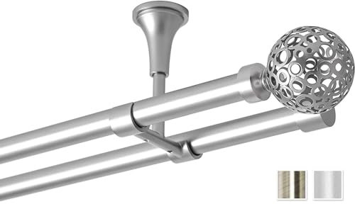 Rollmayer elegant und modern Chrom Matt Vorhangstange/Gardinenstange aus metall Ø 19mm (400cm Goplana, im Silber, Deckenbefestigung, 2-läufig) verschiedene Größen und Endstücken Ohne Ringe!