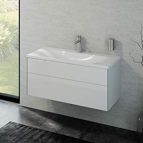 Keuco Badmöbelset mit Waschtisch, Waschbecken mit Unterschrank, Badschrank mit Frontauszug Hochglanz-weiß, Badmöbel Komplettset inkl. Ablaufgarnitur, Badezimmer Möbelset, Breite 100cm Royal Reflex