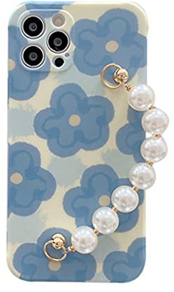 AQUYY Flower Phone Case for iPhone Xs Max, Pearl Wrist Strap Chain Protective Case Cover for iPhone Xs Max, Soft TPU Shockproof Protective Cover for Women Girls, Blue