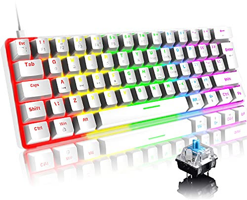 Mini 60% Gaming-Tastatur Kabelgebundene mechanische Keyboard, Kompakte Tragbare 62 Tasten, UK-Layout, 19 RGB-Chroma-Backlit, Abnehmbarer USB-Typ C, für PC, Laptop, Mac, PS4,Xbox (Weiß/Blauer Schalter)