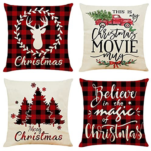 OYIMUA Deko Kissenbezug 50x50 4er Set Kissenbezüge Weihnachten Leinen für Gartenlounge Couch Dekokissen Kuschelkissen Wohnzimmer Kissenhülle Garten Outdoor Kissen Sofakissen Couchkissen Zierkissen
