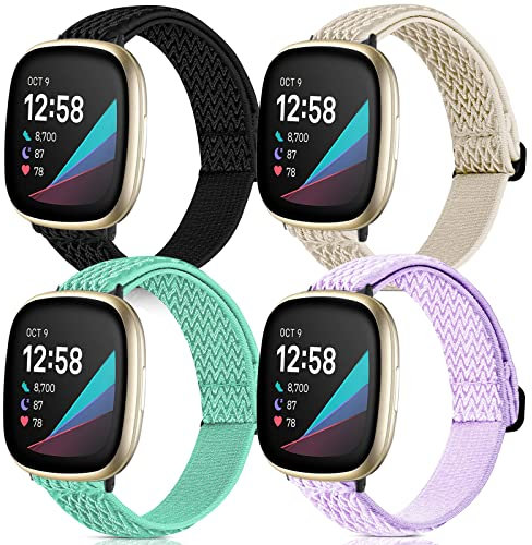 Dehnbare Bänder, kompatibel mit Fitbit Versa 3/Fitbit Versa 4/Fitbit Sense 2/Fitbit Sense Bändern, für Damen und Herren, verstellbar, elastisch, atmungsaktiv, Nylon, Ersatzbänder, 4 Stück